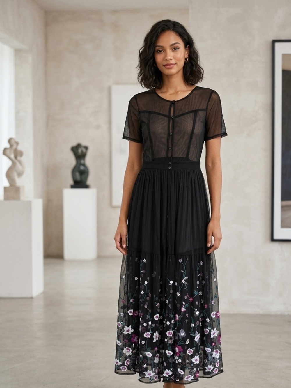 Black mesh Maxi Dress  Large Sheer Floral Embroidered Kimono Cover up - Picture 10 of 10